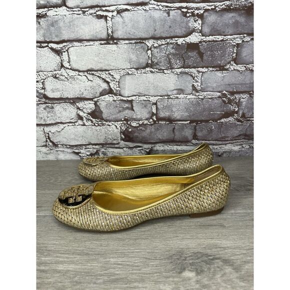 Tory Burch Straw Reva Gold Leather Logo Ballet Flats Women’s Sz 7.5M US/38EU - Picture 6 of 16